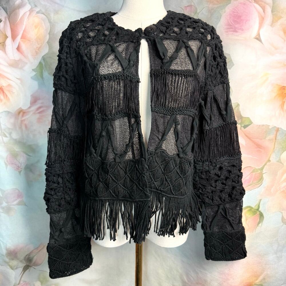 Vintage Sandy Starkman Black Semi Sheer Macrame Fringe Crochet Top Button Jacket